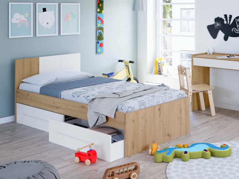 Letto bambini 2 cassetti contenitori 196x97cm rovere nodi e bianco - Azalia