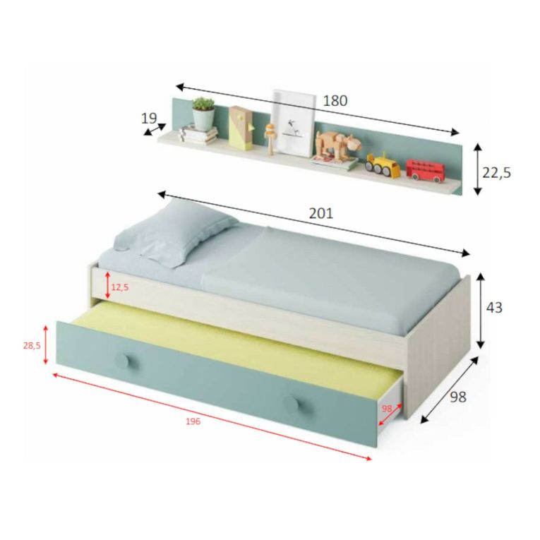 Letto bambini 201x98cm bianco e verde acqua - Aqua