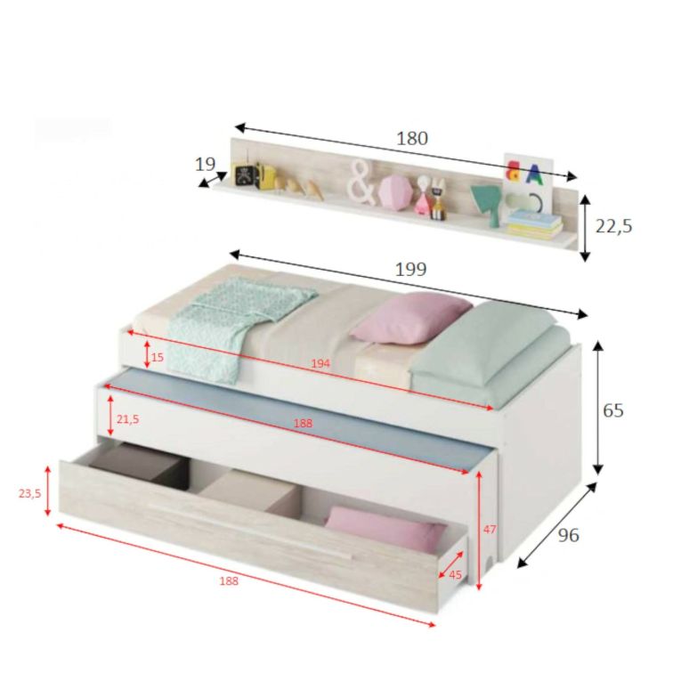 Letto bambini contenitore199x96cm bianco - Art