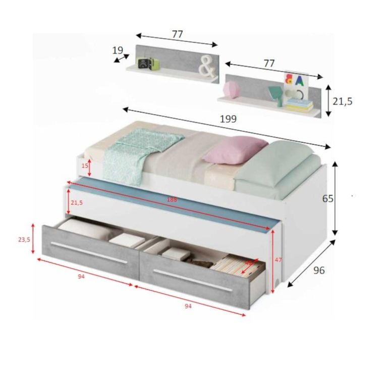 Letto contenitore bambini 199x96cm bianco e cemento - Asi