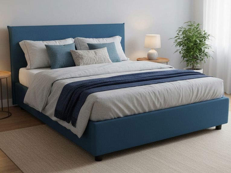 Letto francese con testiera blu 155x215cm - Alvacus