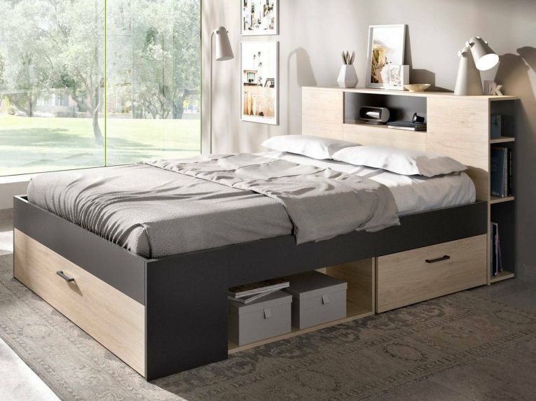 Letto francese elegante antracite e rovere 218x149cm - Conching