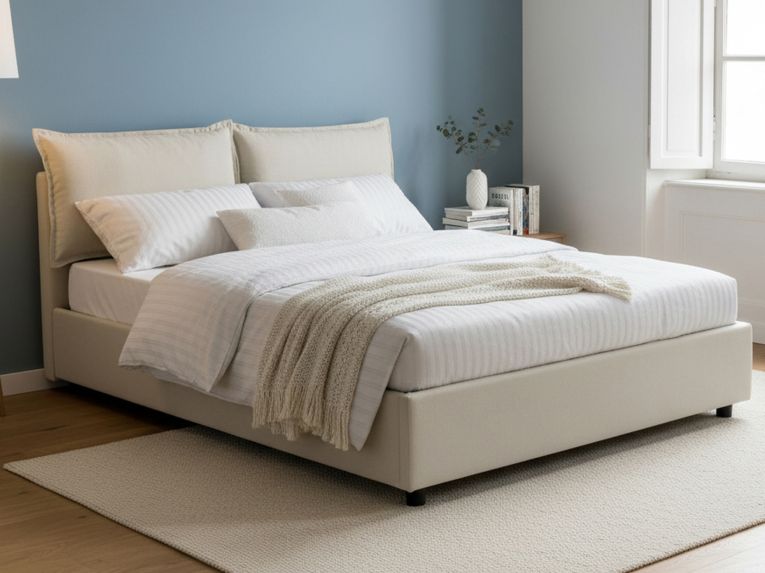 Letto francese in tessuto beige 155x215cm - Agalo