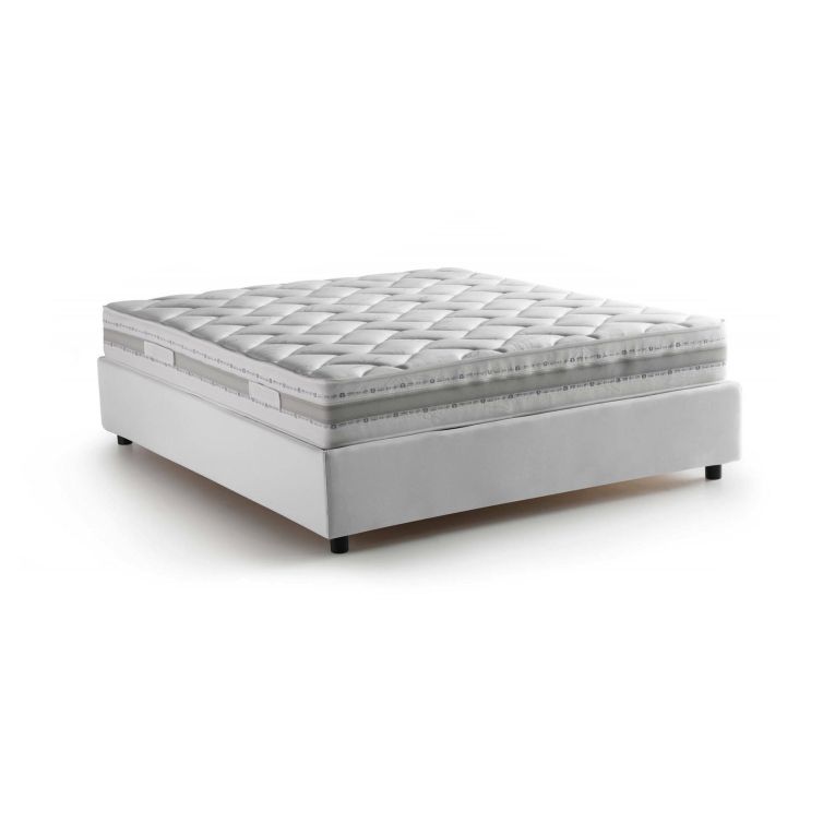 Letto matrimoniale Adele, Letto contenitore con rivestimento in tessuto, 100% Made in Italy, Apertura frontale, con materasso Cm 140x190 incluso, Bianco