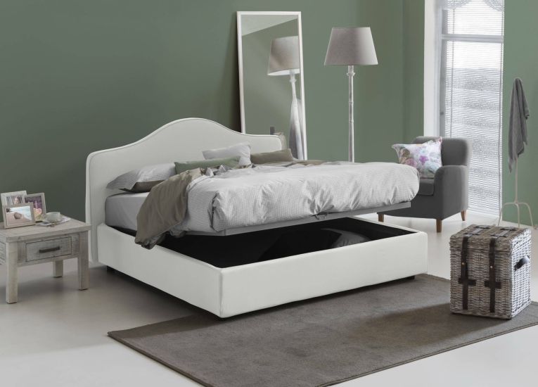 Letto matrimoniale Angiolina, Letto contenitore con rivestimento in tessuto, 100% Made in Italy, Apertura frontale, adatto per materasso 160x190 cm, Bianco