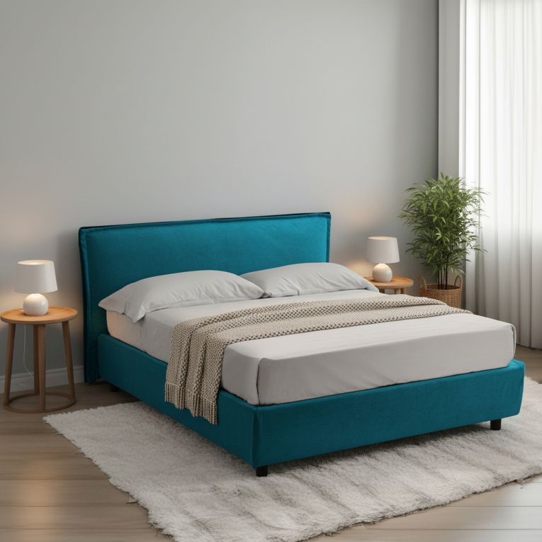 Letto Matrimoniale Azzurro Materasso Incluso Sfoderabile, Contenitore Made in Italy - Brunate
