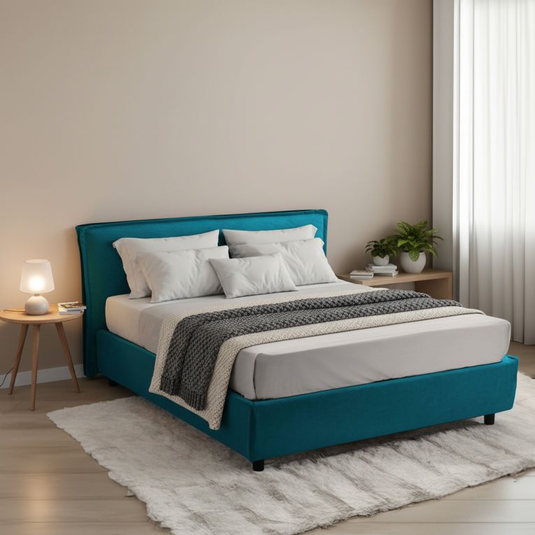 Letto Matrimoniale Azzurro Materasso Incluso Sfoderabile, Contenitore Made in Italy - Bruzolo