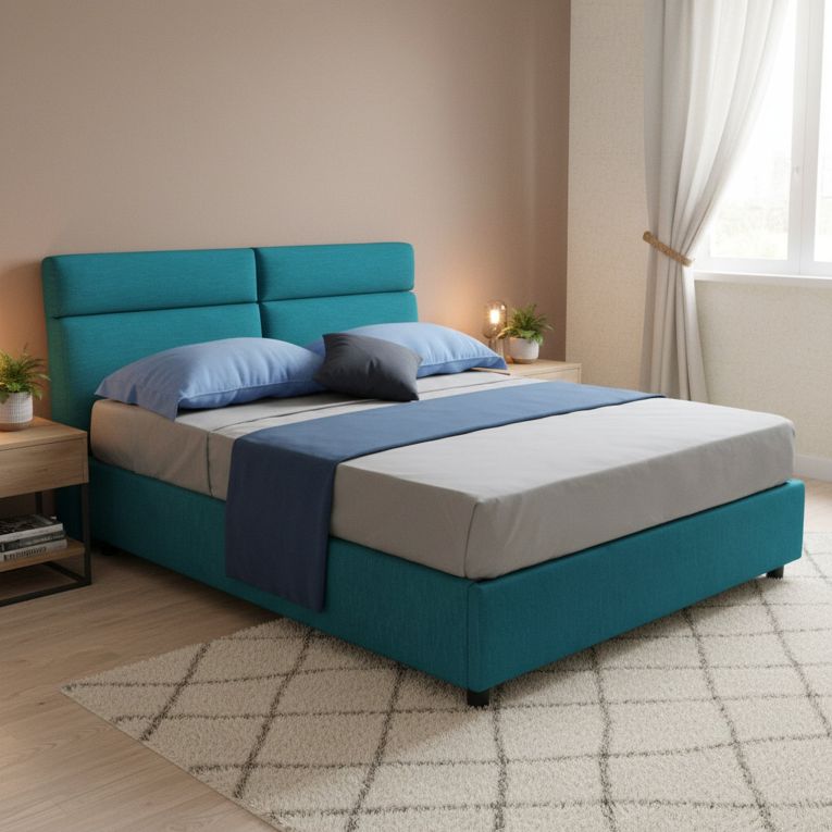 Letto Matrimoniale Azzurro Sfoderabile Contenitore, Dimensione Materasso 160x190 cm Made in Italy - Alcatron