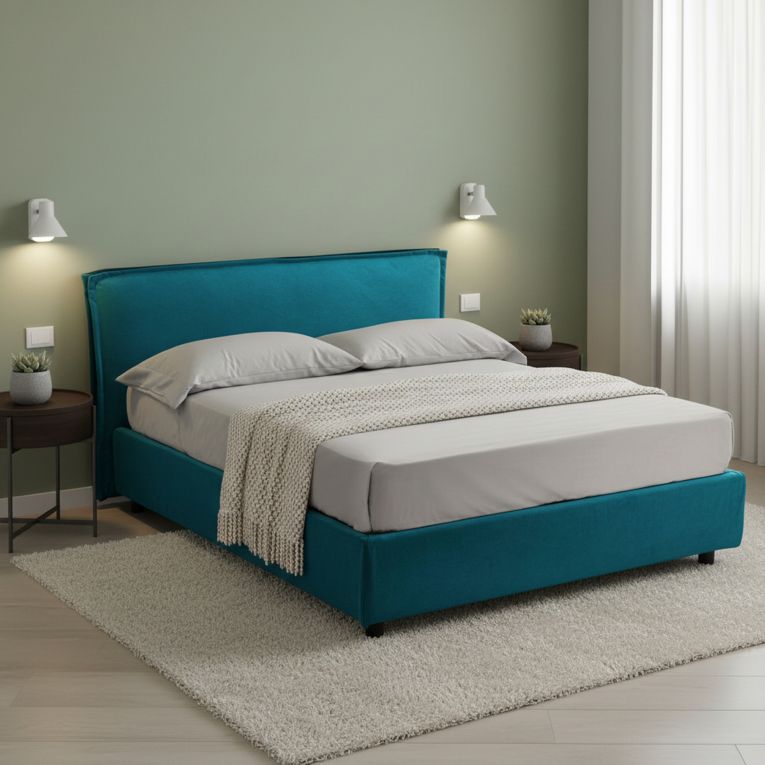 Letto Matrimoniale Azzurro Sfoderabile Contenitore, Dimensione Materasso 160x190 cm Made in Italy - Brolo