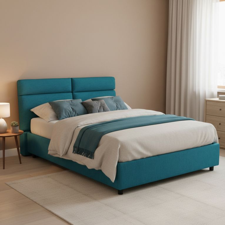 Letto Matrimoniale Azzurro Sfoderabile Contenitore, Dimensione Materasso 160x200 cm Made in Italy - Ator