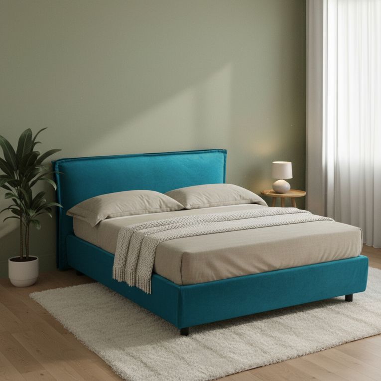 Letto Matrimoniale Azzurro Sfoderabile Contenitore, Dimensione Materasso 160x200 cm Made in Italy - Bubbio