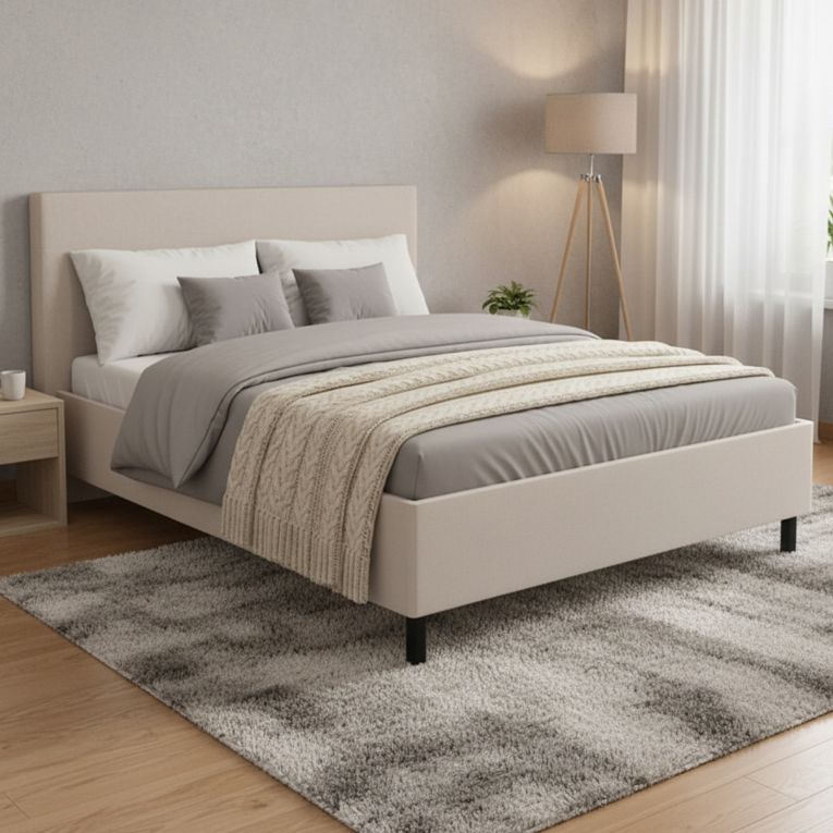 Letto Matrimoniale Beige Grigio Tortora Dimensione Materasso 160x200 cm Imbottito, Testiera Imbottita - Uboldo