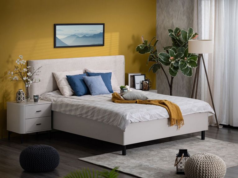 Letto Matrimoniale Beige Grigio Tortora Dimensione Materasso 160x200 cm Imbottito, Testiera Imbottita - Uboldo