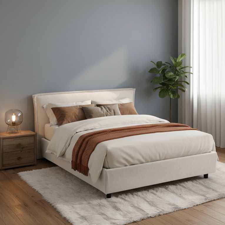 Letto Matrimoniale Beige Sfoderabile Contenitore, Dimensione Materasso 160x200 cm Made in Italy - Bubbio