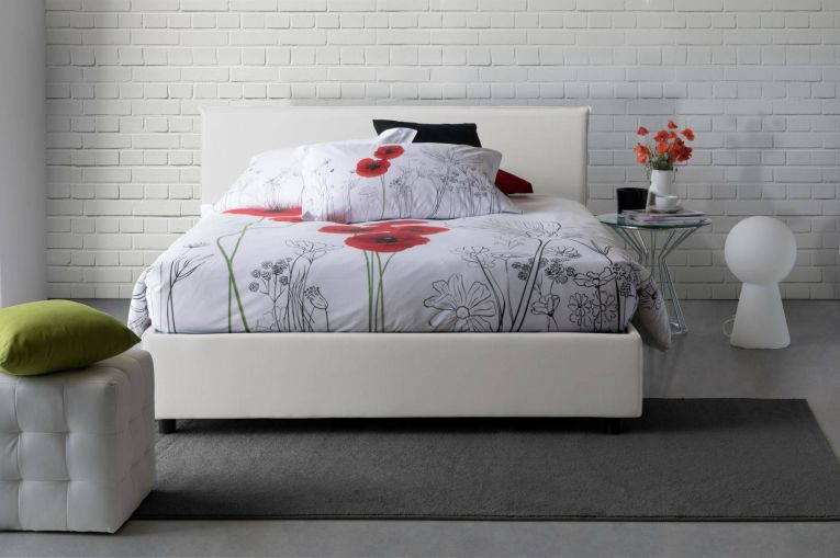 Letto matrimoniale Bernadette, Letto contenitore con rivestimento in tessuto, 100% Made in Italy, Apertura frontale, con materasso Cm 140x200 incluso, Bianco