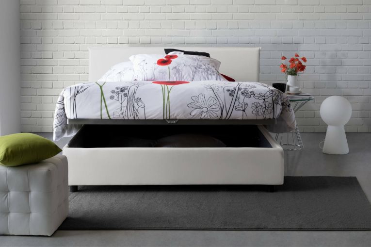 Letto matrimoniale Bernadette, Letto contenitore con rivestimento in tessuto, 100% Made in Italy, Apertura frontale, con materasso Cm 140x200 incluso, Bianco