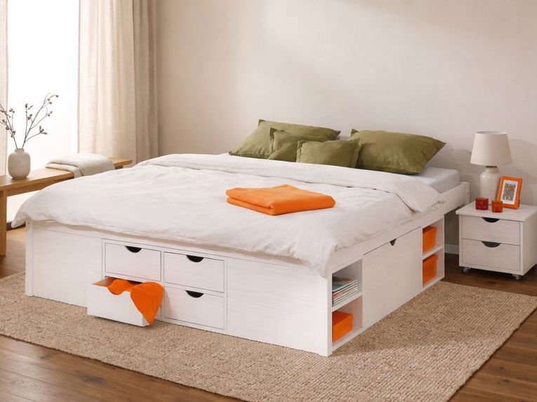 Letto Matrimoniale Bianco Contenitore Dimensione Materasso 140x190 cm, Rete Inclusa - Faraldi