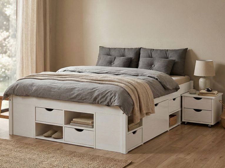 Letto Matrimoniale Bianco Contenitore Dimensione Materasso 140x200 cm, Rete Inclusa - Ravanusa