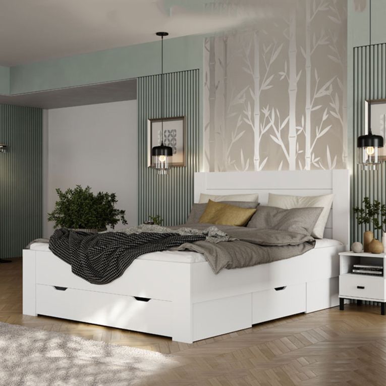 Letto Matrimoniale Bianco Crema Dimensione Materasso 160x200 cm Testata Effetto Dogato, Peso Supportato 200 kg - Siwwa