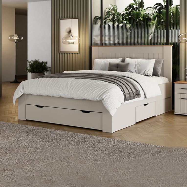 Letto Matrimoniale Bianco Crema Marrone Rovere Dimensione Materasso 160x200 cm Testata Dettaglio Rigato, Peso Supportato 200 kg - Luangp