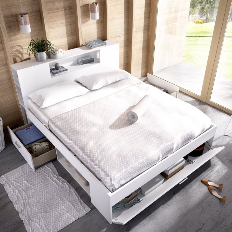 Letto Matrimoniale Bianco Marrone Rovere Contenitore Dimensione Materasso 160x200 cm, 2 - Murlo