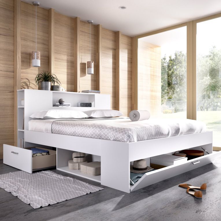 Letto Matrimoniale Bianco Marrone Rovere Contenitore Dimensione Materasso 160x200 cm, 2 - Murlo