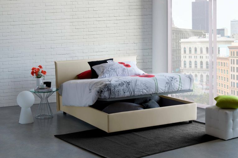 Letto matrimoniale Brenda, Letto contenitore con rivestimento in tessuto, 100% Made in Italy, Apertura frontale, con materasso Cm 160x200 incluso, Beige