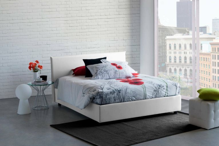 Letto matrimoniale Brenda, Letto contenitore con rivestimento in tessuto, 100% Made in Italy, Apertura frontale, con materasso Cm 160x200 incluso, Bianco