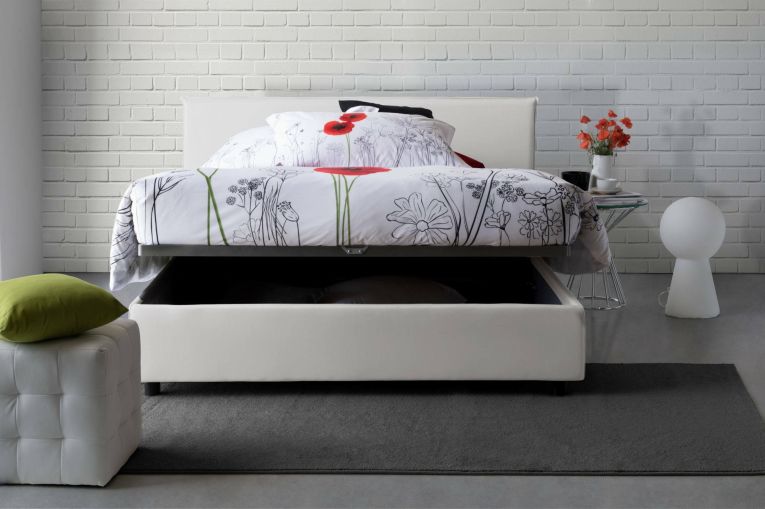 Letto matrimoniale Brenda, Letto contenitore con rivestimento in tessuto, 100% Made in Italy, Apertura frontale, con materasso Cm 160x200 incluso, Bianco