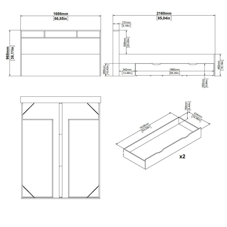 Letto matrimoniale Capucine, Sommier per camera da letto, Giroletto per stanza, Struttura porta materasso, 216x170 h97 cm, Rovere e Bianco