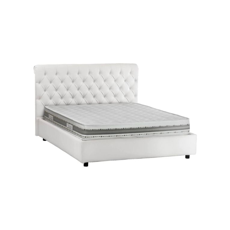 Letto matrimoniale Claretta, Letto contenitore e testata in ecopelle, 100% Made in Italy, Apertura frontale, Bianco, adatto a materasso da 160x190 cm