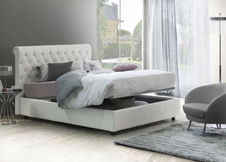 Letto matrimoniale Claretta, Letto contenitore e testata in ecopelle, 100% Made in Italy, Apertura frontale, Bianco, con incluso materasso da 160x190 cm