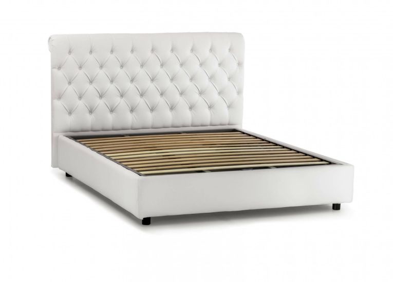 Letto matrimoniale Claretta, Letto contenitore e testata in ecopelle, 100% Made in Italy, Apertura frontale, Bianco, con incluso materasso da 160x190 cm