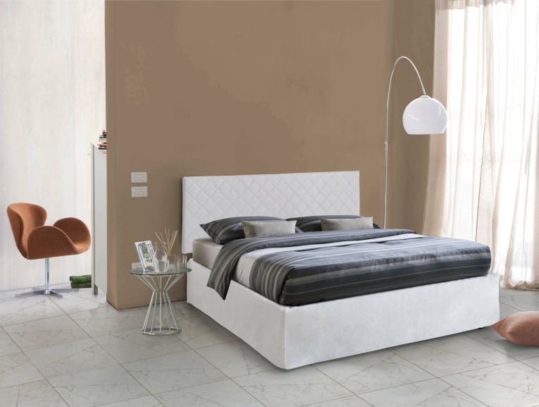 Letto matrimoniale Clementina, Set testata in ecopelle con rete ortopedica e mantovana, 100% Made in Italy, adatta a materasso da Cm 160x190, Bianco