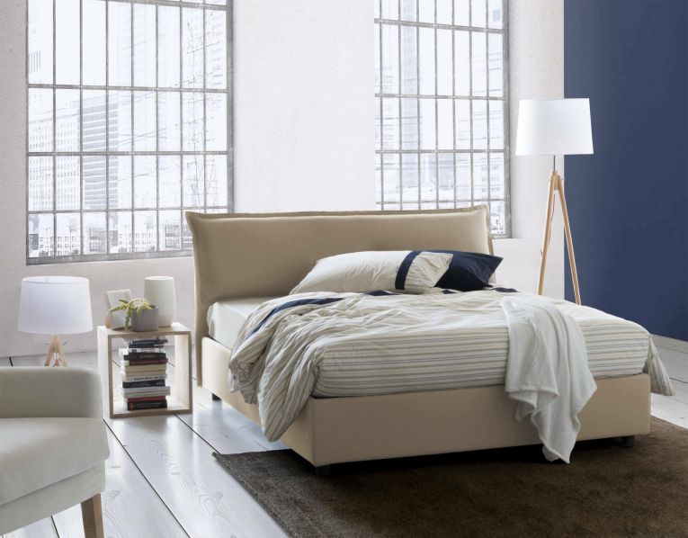 Letto matrimoniale Clorinda, Letto contenitore sfoderabile con testiera e giroletto contenitore imbottiti, 100% Made in Italy, con materasso Cm 160x200 incluso, Beige