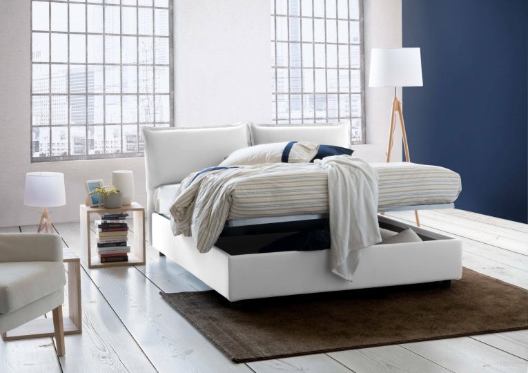 Letto Matrimoniale Contenitore 175x205x95h Imbottito in Tessuto Bianco Sfoderabile Made in Italy con Rete a Doghe – Anjin