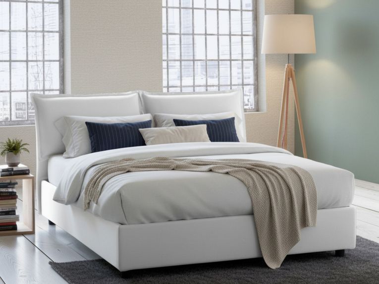 Letto Matrimoniale Contenitore 175x205x95h Imbottito in Tessuto Bianco Sfoderabile Made in Italy con Rete a Doghe – Anjin