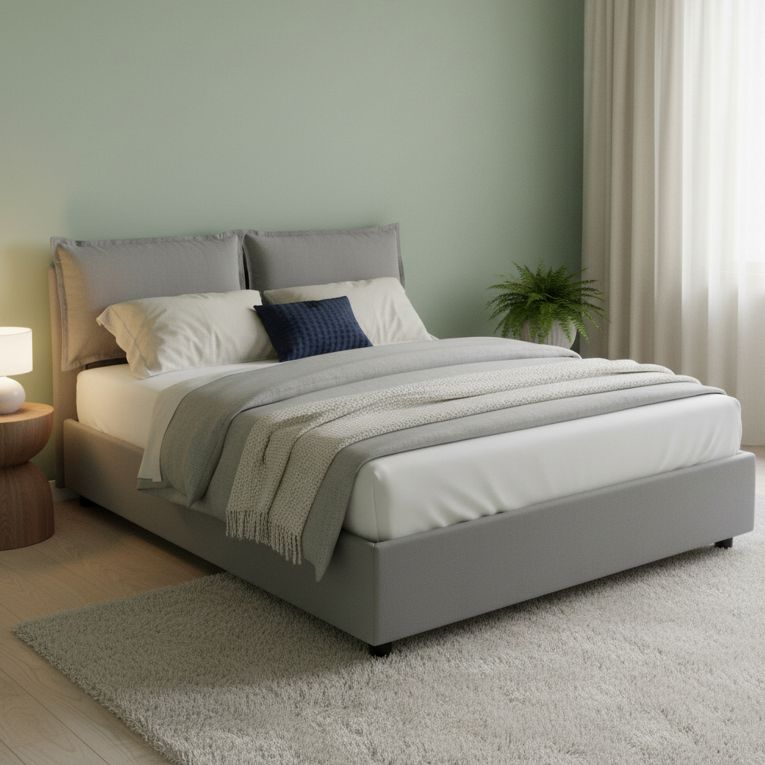 Letto Matrimoniale Contenitore 175x215x95h Imbottito in Tessuto Sfoderabile Grigio con Rete a Doghe Made in Italy – Aris