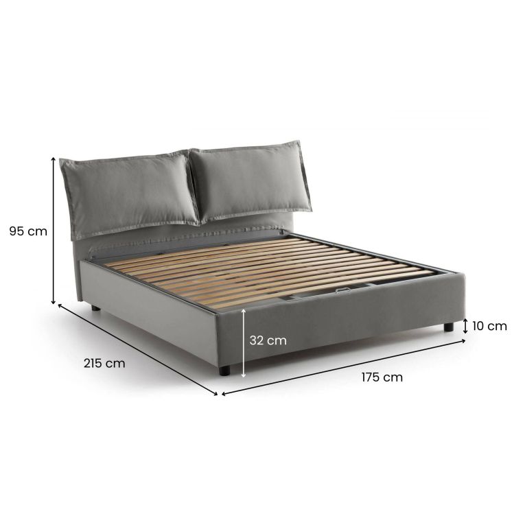 Letto Matrimoniale Contenitore 175x215x95h Imbottito in Tessuto Sfoderabile Grigio con Rete a Doghe Made in Italy – Aris