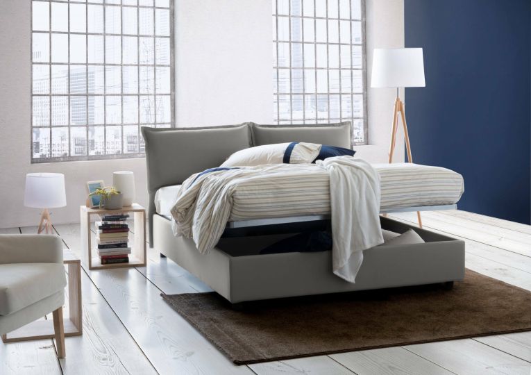 Letto Matrimoniale Contenitore 175x215x95h Imbottito in Tessuto Sfoderabile Grigio con Rete a Doghe Made in Italy – Aris