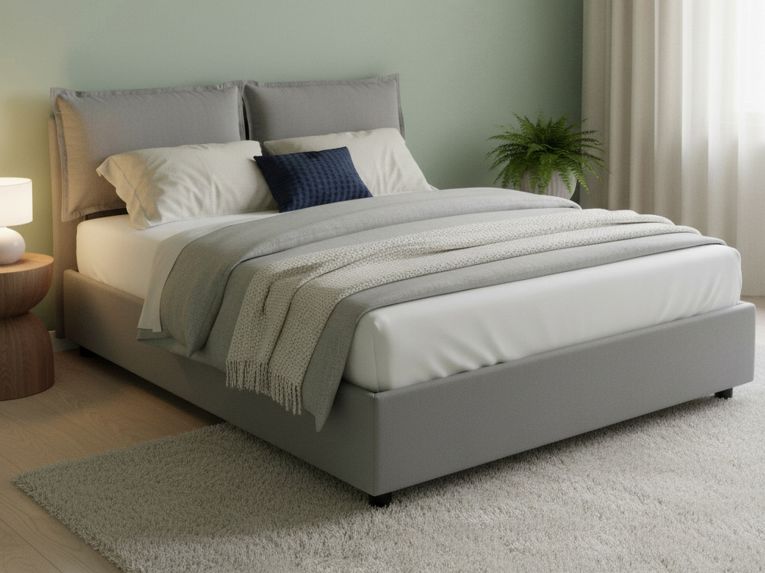 Letto Matrimoniale Contenitore 175x215x95h Imbottito in Tessuto Sfoderabile Grigio con Rete a Doghe Made in Italy – Aris