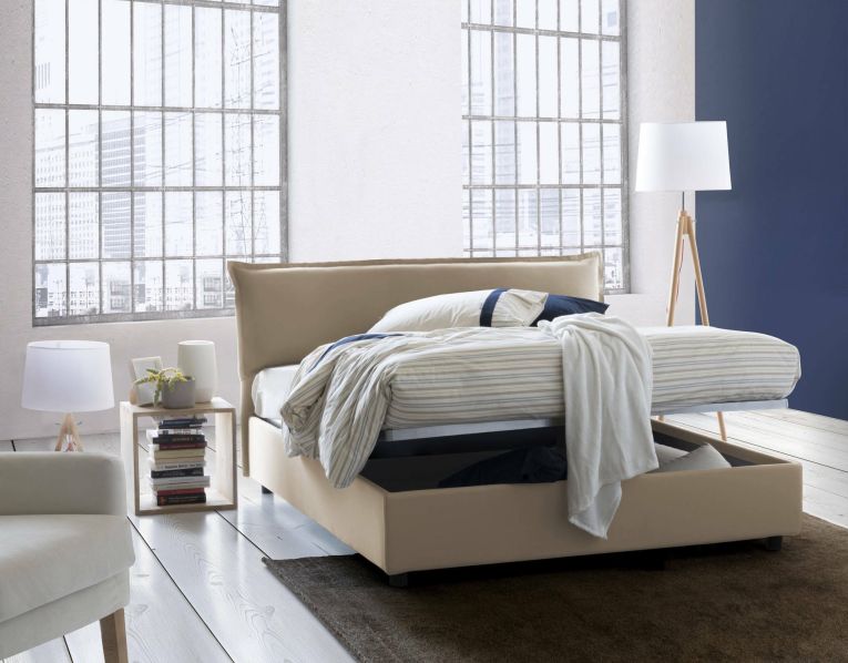 Letto matrimoniale contenitore beige 175x215cm con testiera imbottita - Apaia
