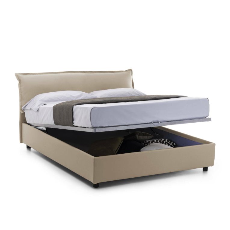 Letto matrimoniale contenitore beige 175x215cm con testiera imbottita - Apaia