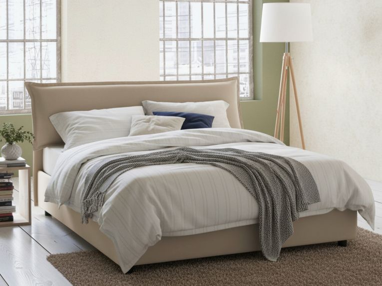 Letto matrimoniale contenitore beige 175x215cm con testiera imbottita - Apaia