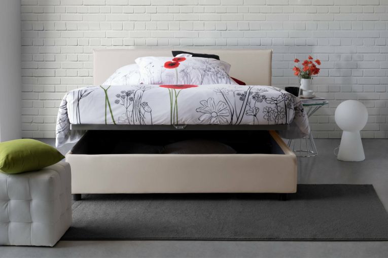 Letto matrimoniale contenitore beige 175x215cm rivestito in tessuto - Arcan