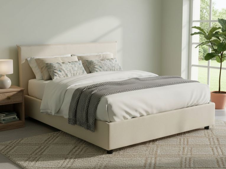 Letto matrimoniale contenitore beige 175x215cm rivestito in tessuto - Arcan