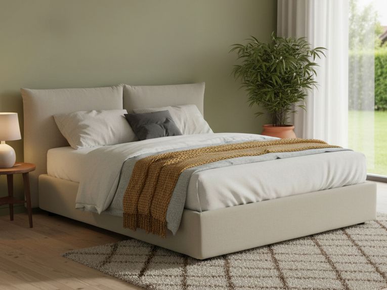 Letto matrimoniale contenitore beige 190x225cm rivestito in tessuto - Aghineo