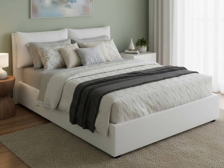 Letto matrimoniale contenitore bianco 175x205cm con testiera imbottita - Mercede