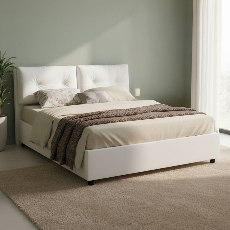 Letto matrimoniale contenitore bianco 175x215cm con testiera imbottita - Arron