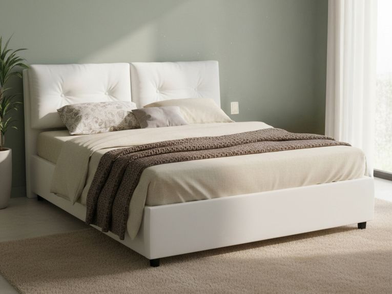 Letto matrimoniale contenitore bianco 175x215cm con testiera imbottita - Arron